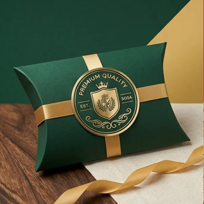 Dark green pillow box with a gold premium quality seal and gold ribbon on a wooden table
