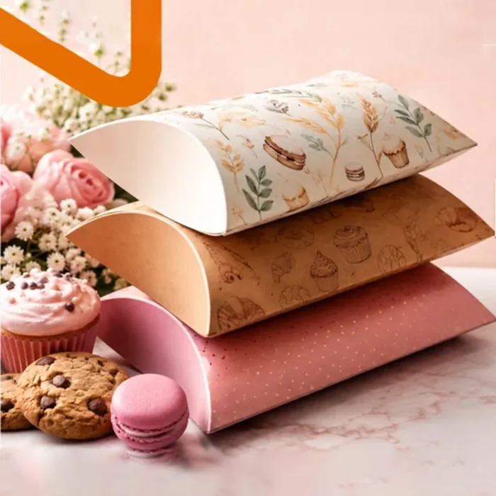 Kraft and pastel bakery pillow boxes holding cupcakes, cookies and macarons