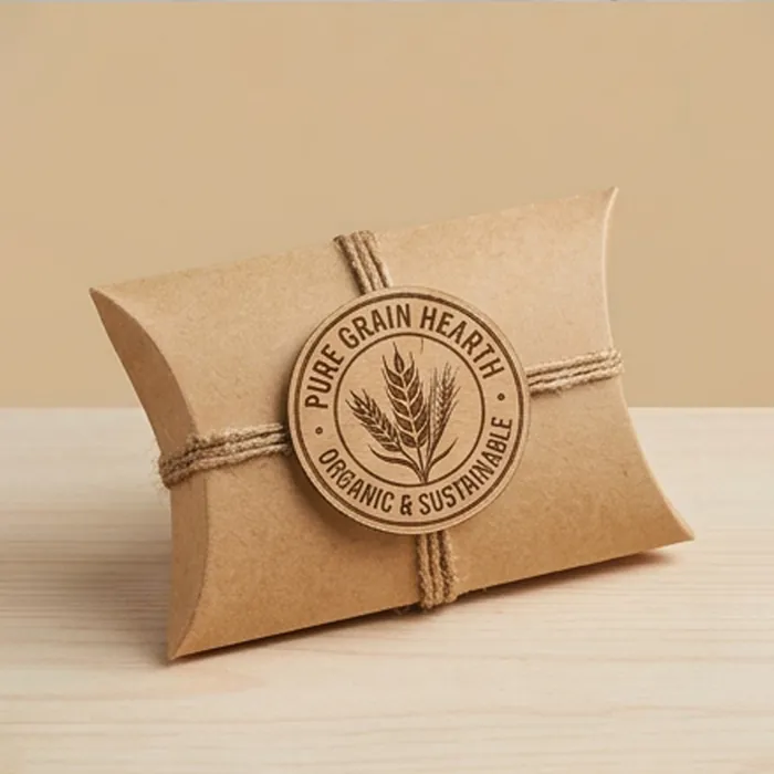 Kraft pillow box printed with a pure grain hearth logo and tied with twine