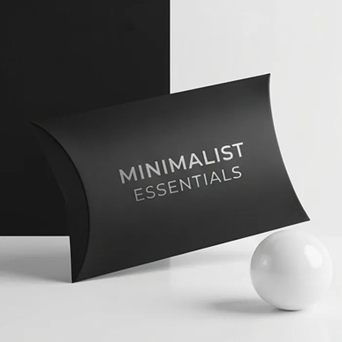 Matte black pillow box printed with a minimal white wordmark on a gray background