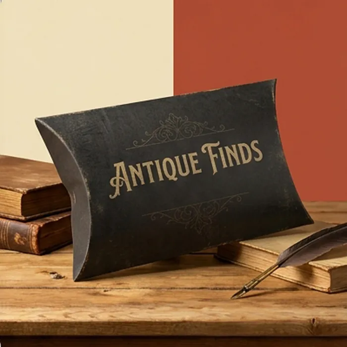 Black pillow box with gold script lettering on a rustic wooden table