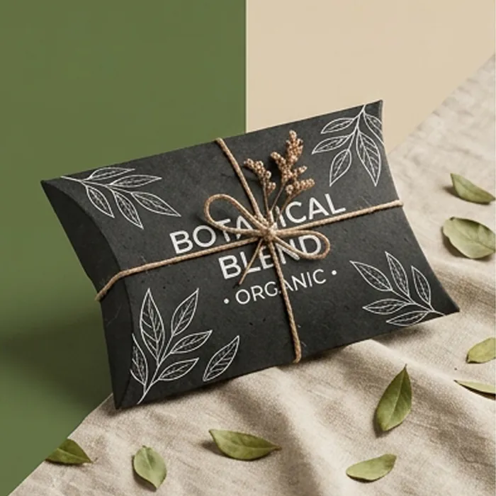 Black pillow box with white botanical line art and a twine tie on linen