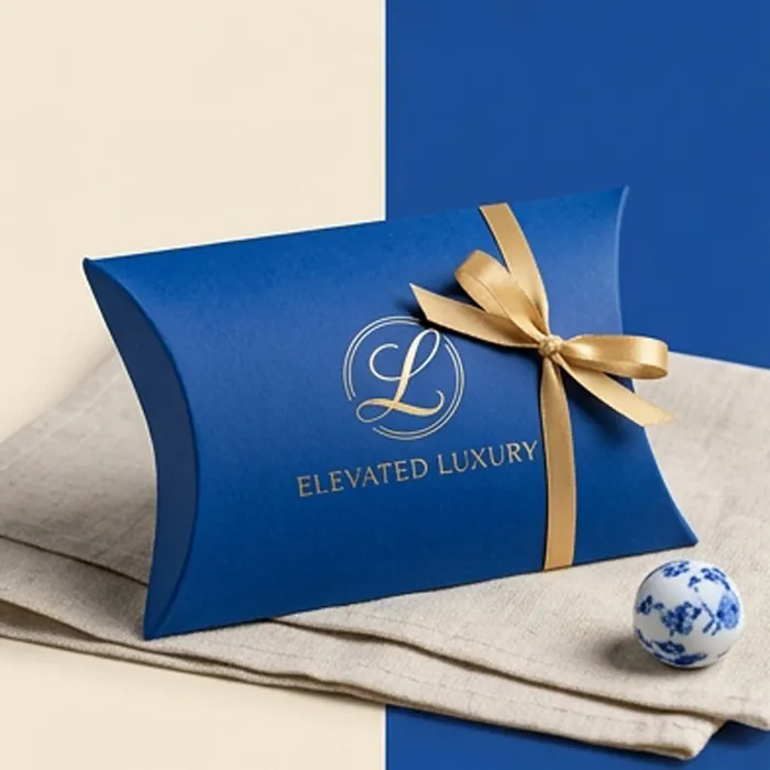 Blue pillow box with a gold monogram and gold ribbon resting on linen