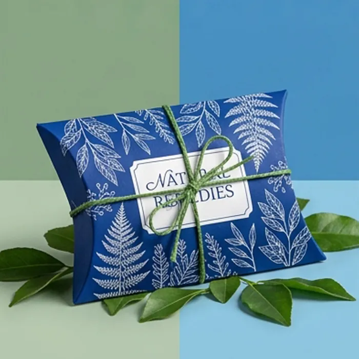 Blue pillow box with a white fern pattern tied with green twine