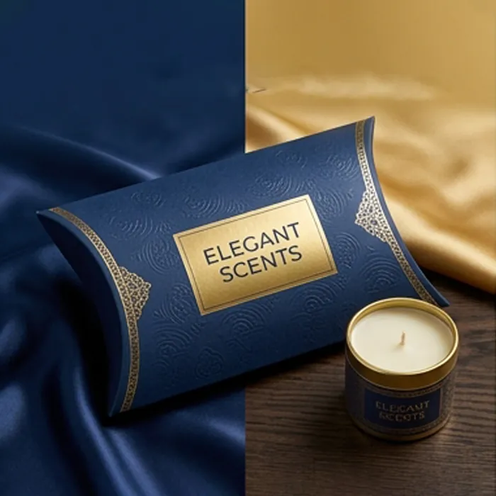 Navy candle pillow box with a gold label beside a lit candle