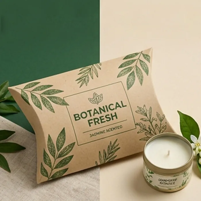 Kraft candle pillow box with a green botanical print beside a candle tin