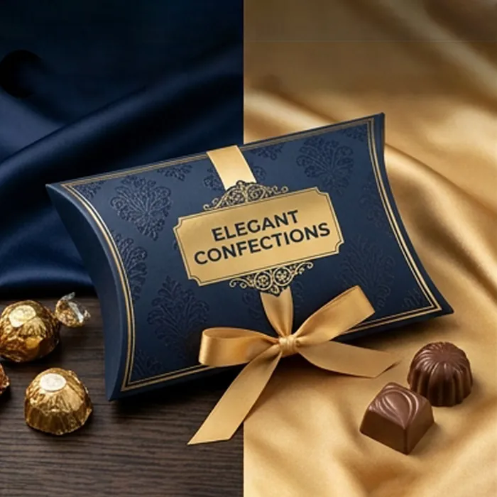 Navy confectionery pillow box with a gold ribbon and foil-wrapped chocolates