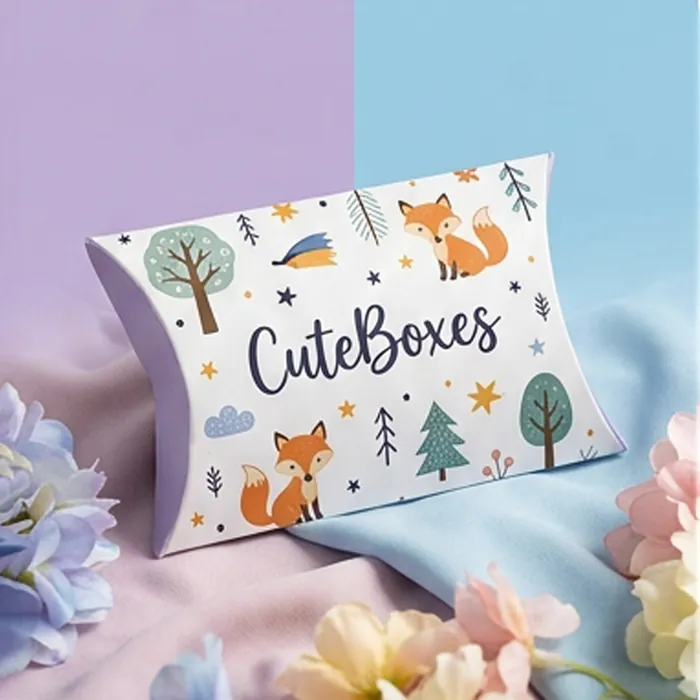 White cardboard pillow box printed with a woodland fox illustration