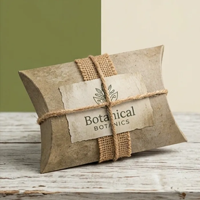 Kraft cardboard pillow box with a burlap band and botanical label on wood