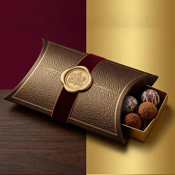 Dark brown embossed chocolate pillow box with a gold wax seal and truffles