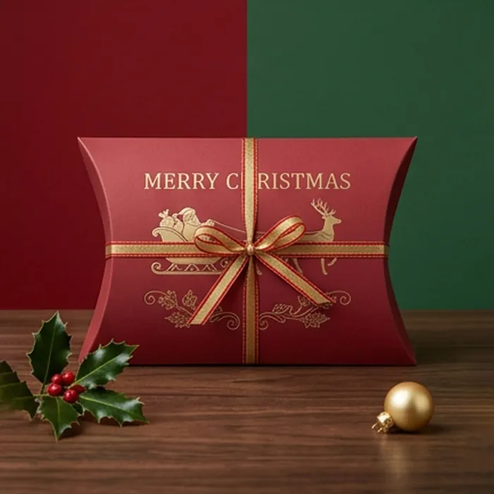 Red Christmas pillow box with a reindeer pattern, holly and a gold bauble