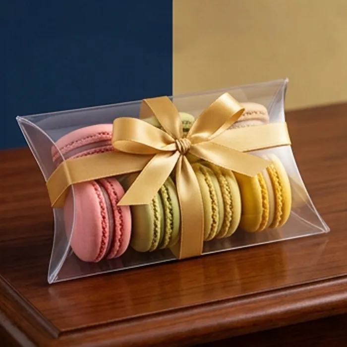 Clear PET pillow box filled with pastel macarons and tied with gold ribbon