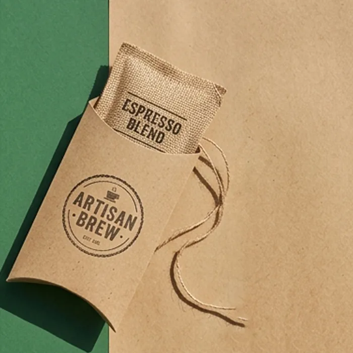 Kraft coffee sachet pillow box with an espresso blend stamp and twine tie