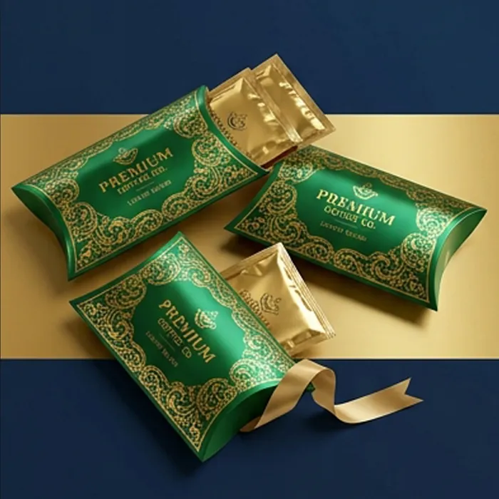 Green and gold coffee sachet pillow boxes scattered on a navy surface