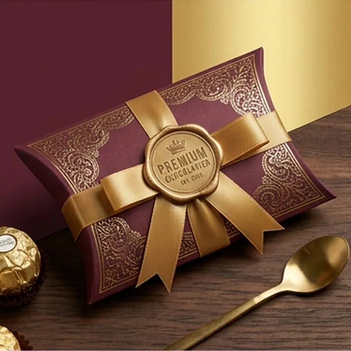Burgundy and gold cookie pillow box with a wax seal and gold ribbon