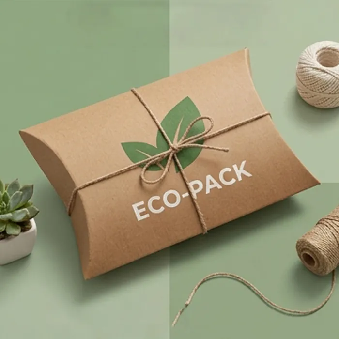 Kraft corrugated pillow box with an eco pack print, twine and green leaves