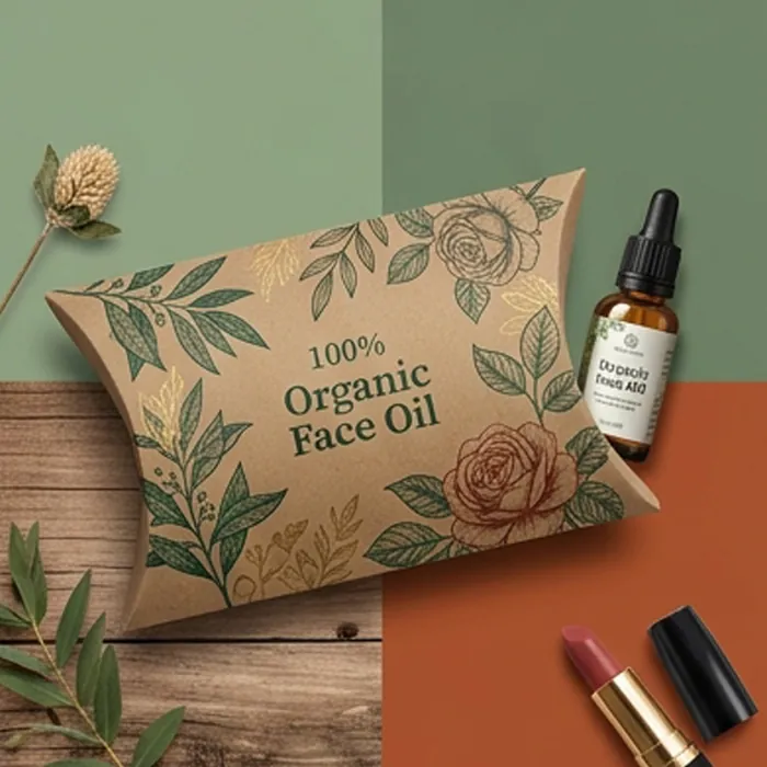 Kraft cosmetic pillow box with a botanical print beside a serum bottle and lipstick