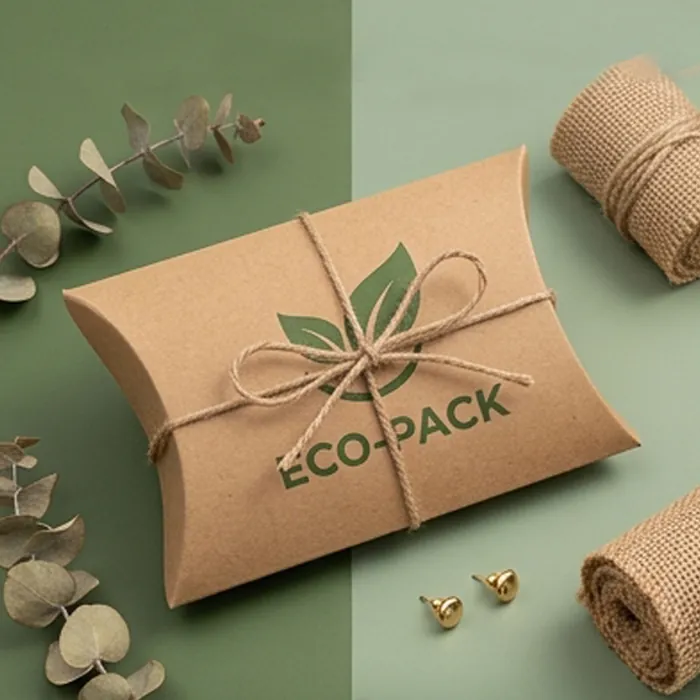 Kraft earring pillow box with a printed card, eucalyptus and gold stud earrings