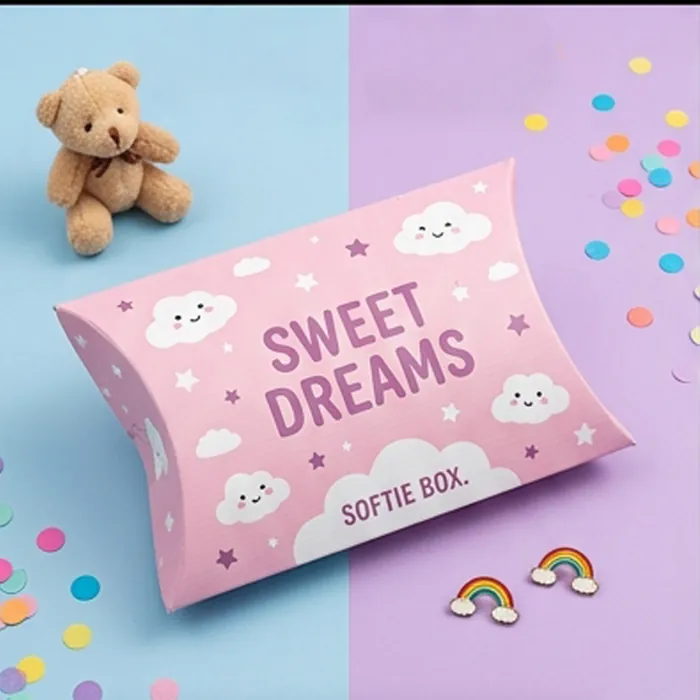 Pink printed pillow box with a cloud pattern beside a soft toy
