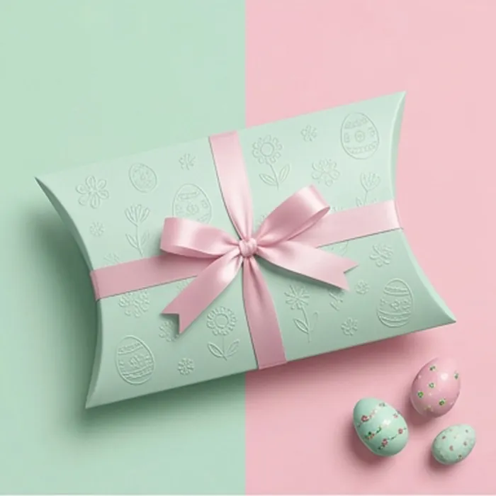 Pastel green Easter pillow box tied with a pink ribbon beside speckled eggs