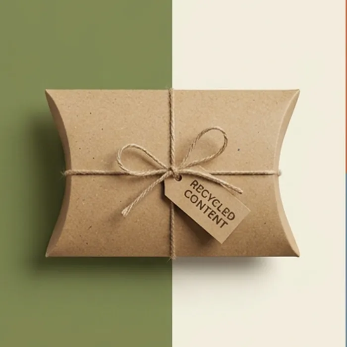 Uncoated kraft pillow box tied with paper twine and a recycled content tag
