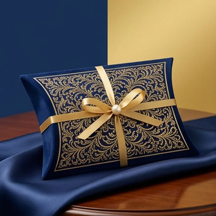 Navy and gold embossed pillow box with an ornamental pattern and gold ribbon