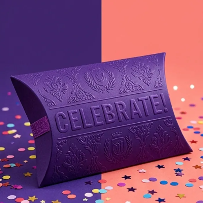 Purple pillow box with an all-over embossed celebrate pattern