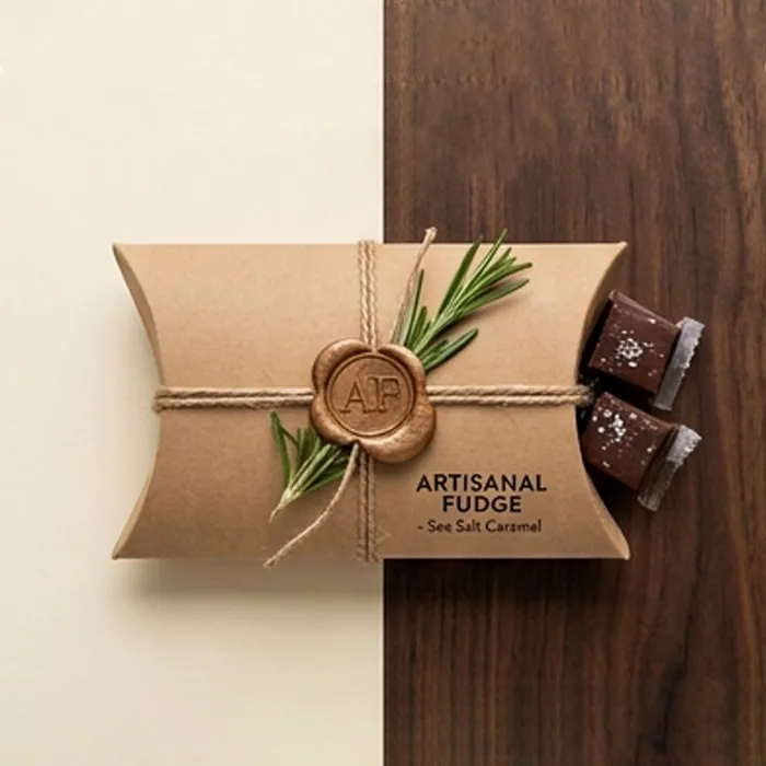 Kraft fudge pillow box with a sea salt caramel label, twine and a wax seal