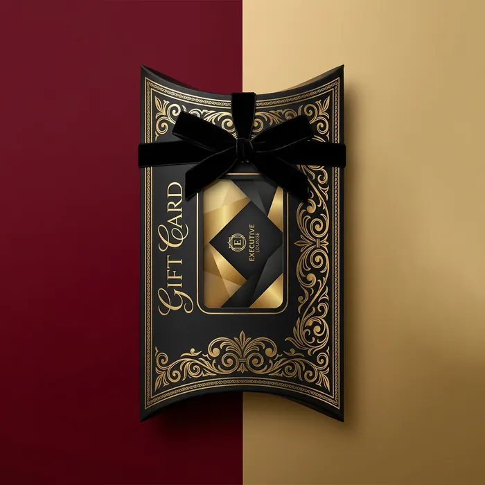 Black gift card pillow box with gold ornament and a black ribbon