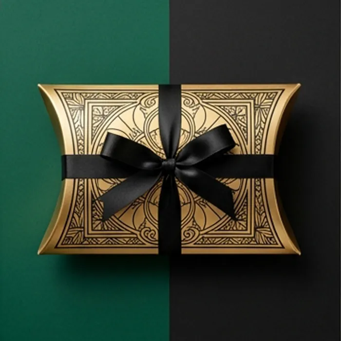 Metallic gold pillow box with an ornamental border and a black ribbon