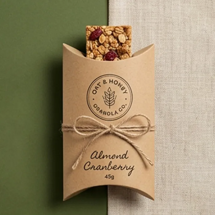 Kraft granola bar pillow box printed with an oat and honey label