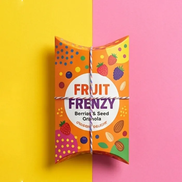 Brightly printed fruit granola pillow box on a yellow background