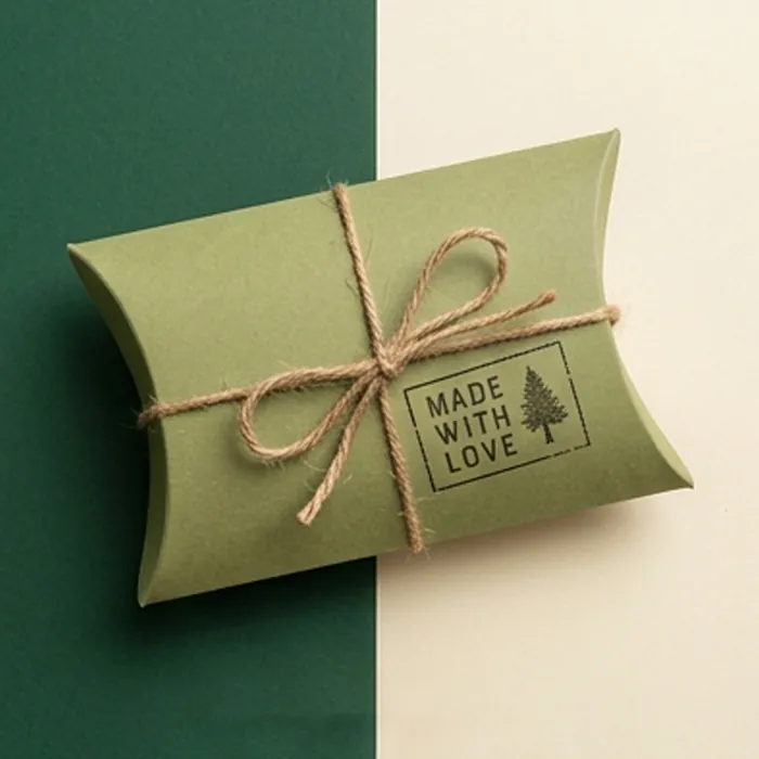 Sage green pillow box tied with twine and a made with love tag