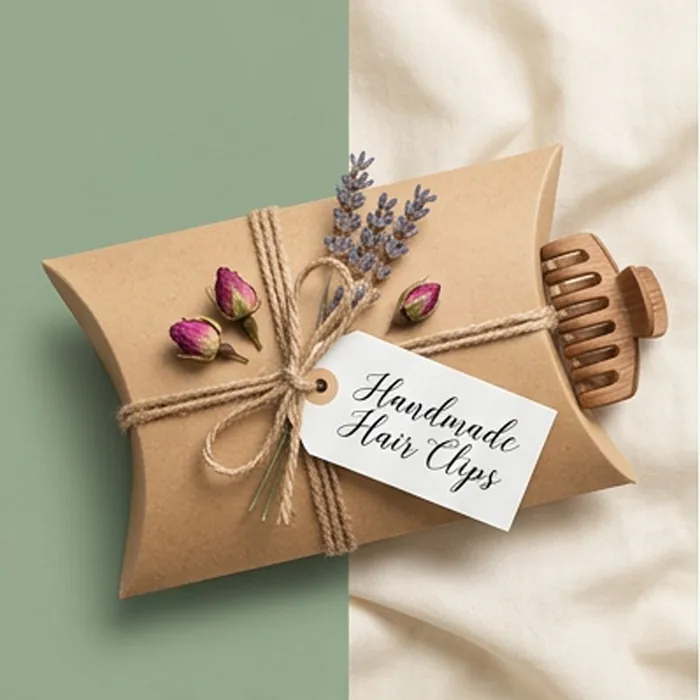 Kraft hair clip pillow box with a handmade tag, dried lavender and a claw clip