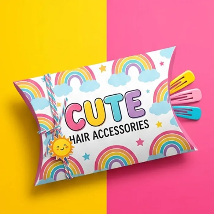 Bright rainbow hair accessories pillow box with printed clips alongside