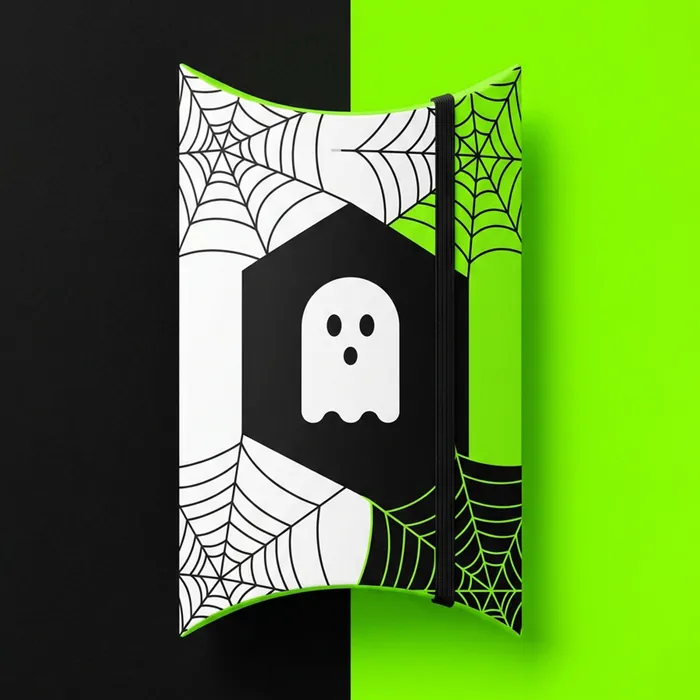 Halloween pillow box printed with a ghost and spiderweb design on bright green