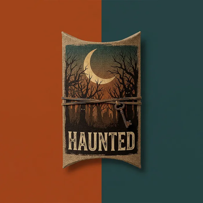 Rust-colored Halloween pillow box with a haunted moonlit scene