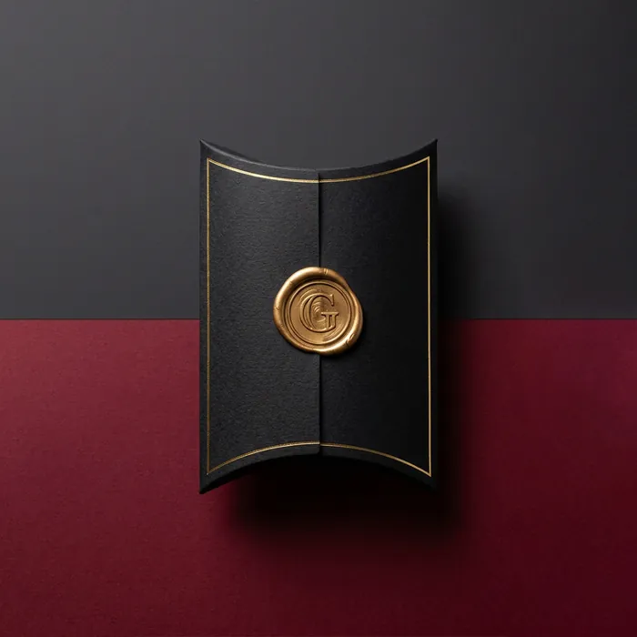 Black jewelry pillow box with a gold wax-seal emblem on a dark burgundy surface