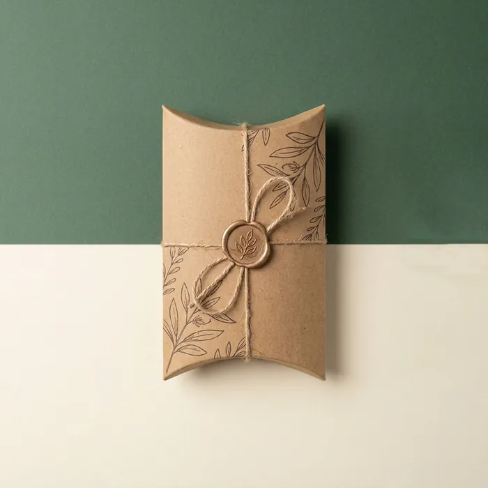 Kraft jewelry pillow box with an embossed panel and a corded tie