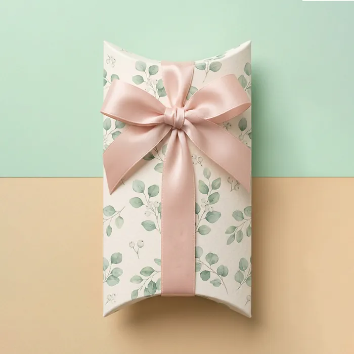 Blush jewelry pillow box with a satin ribbon on a navy background