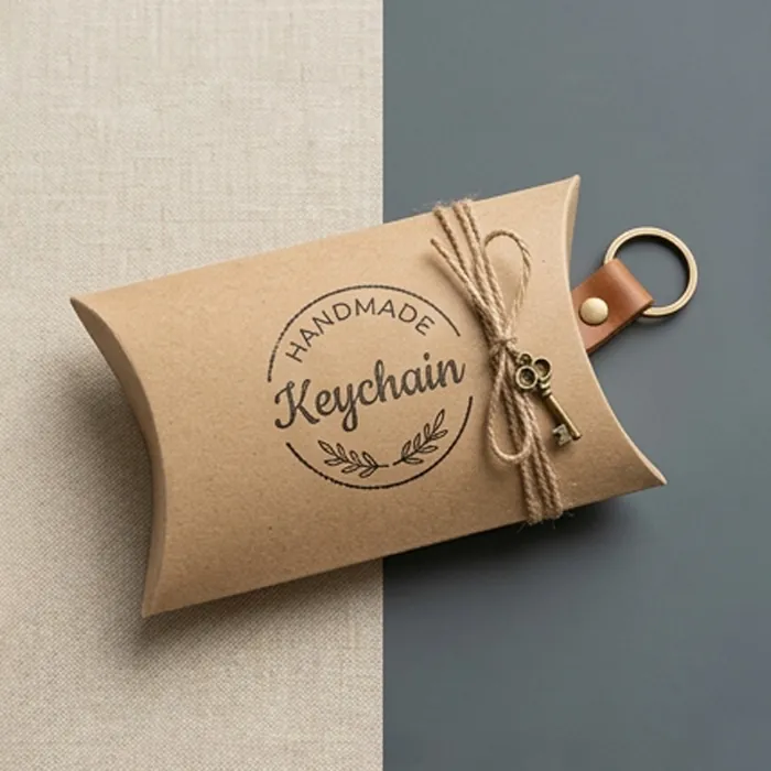 Kraft keychain pillow box with a printed label and a leather loop