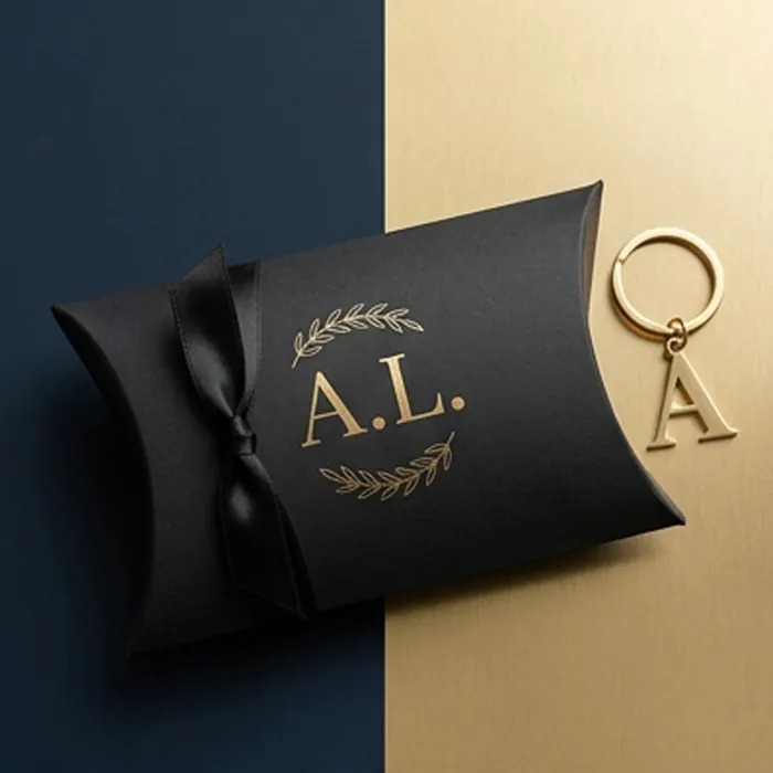 Black keychain pillow box with a gold monogram and a metal keyring
