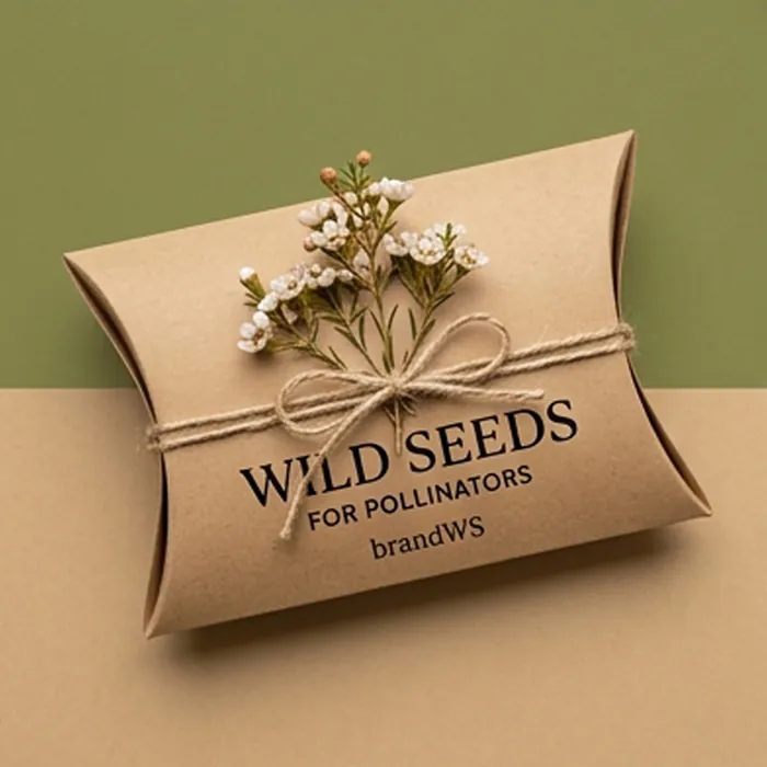 Natural kraft pillow box printed with a wild seeds label and a floral sprig
