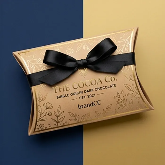 Kraft pillow box with a gold-foil botanical border and a black ribbon