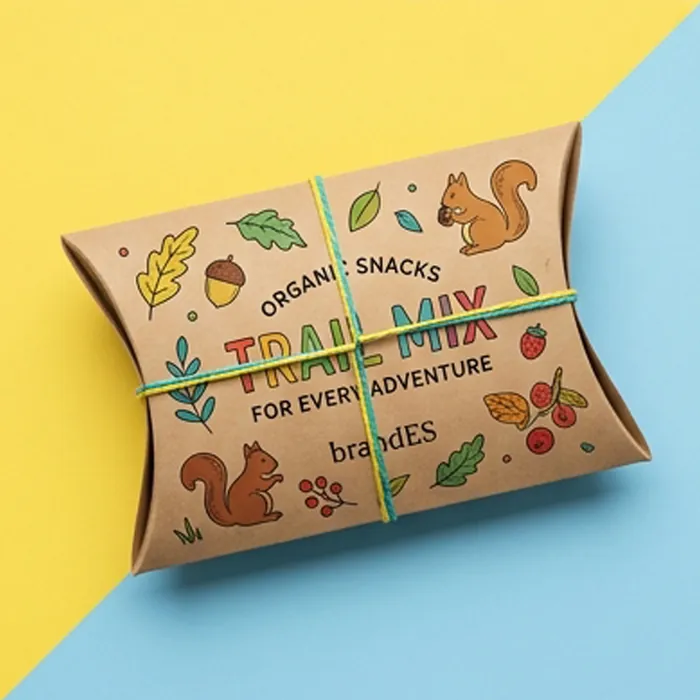 Kraft pillow box printed with a trail mix illustration and squirrel motif