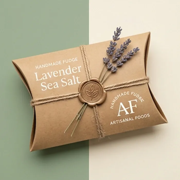 Kraft pillow box with a lavender sea salt label, wax seal and dried lavender