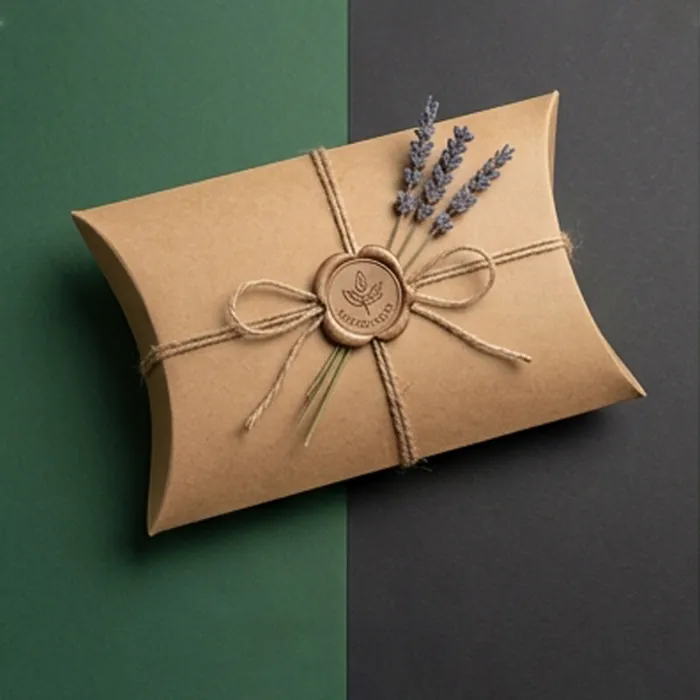 Large kraft pillow box with an embossed leaf and a twine tie on a dark surface