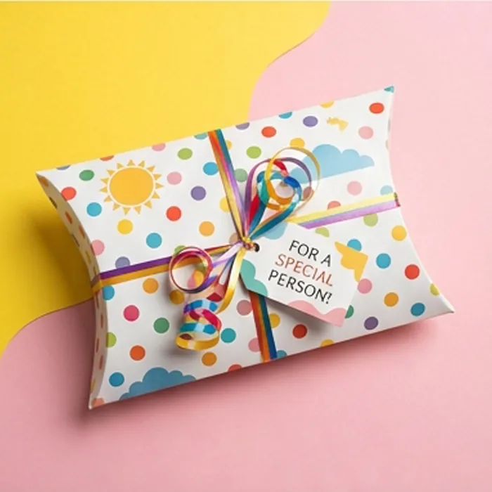 Large white pillow box with confetti print and a for a special person tag