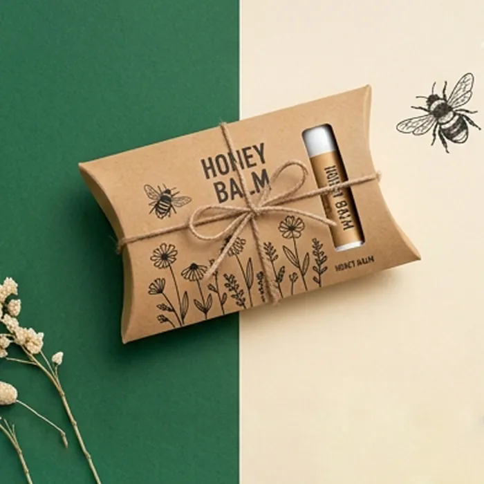 Kraft lip balm pillow box with a honey and bee illustration beside a balm tube