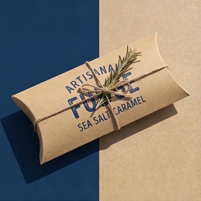 Long kraft pillow box printed with an artisanal sea salt caramel label